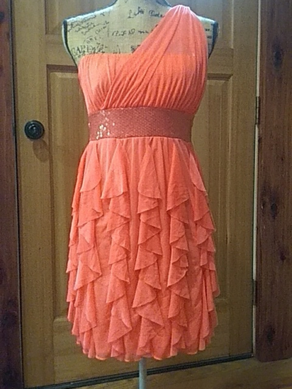 Deb One-Shoulder Coral Ruffle Party Dress